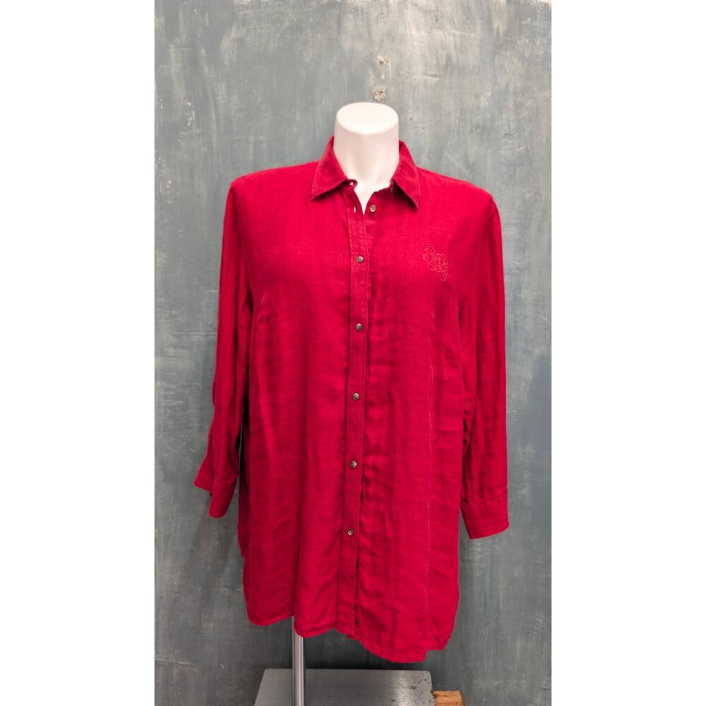 Lauren Ralph Lauren 2X 100% Linen Button Up Red Blouse Embroidered Logo